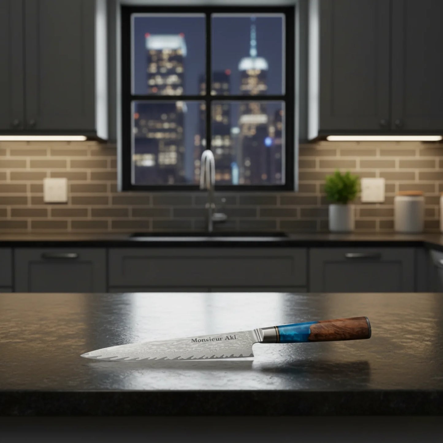 Set de 7 couteaux japonais Monsieur Aki – Kyoto - Acier Damas