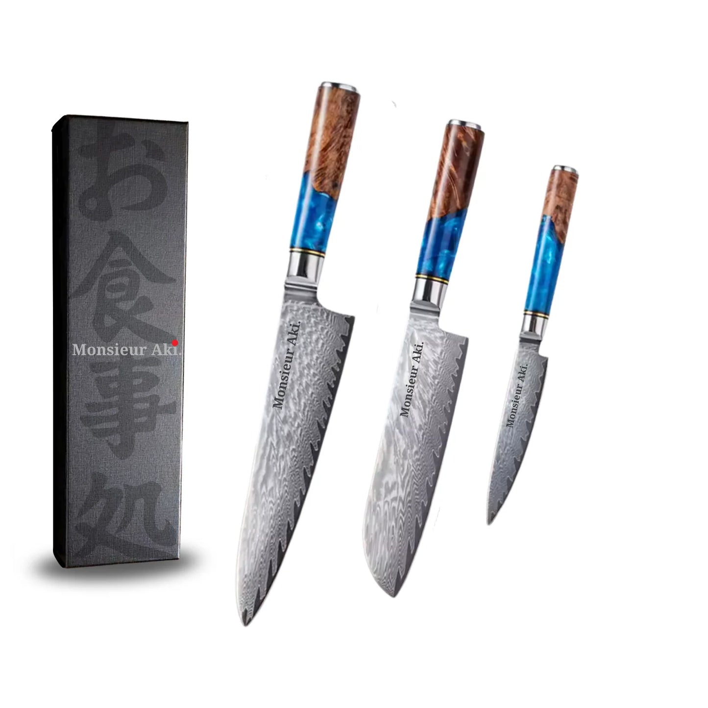 Set de 3 couteaux japonais Monsieur Aki – Kyoto – Acier Damas