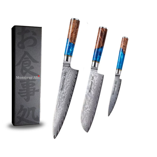 Set de 3 couteaux japonais Monsieur Aki – Kyoto – Acier Damas